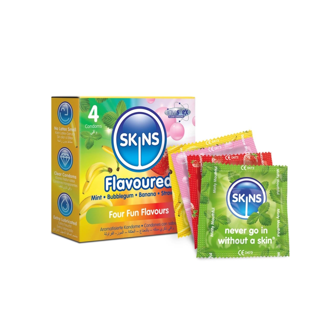 Skins Flavours 4 ks, ochucené latexové kondomy s nominální šířkou 55 mm