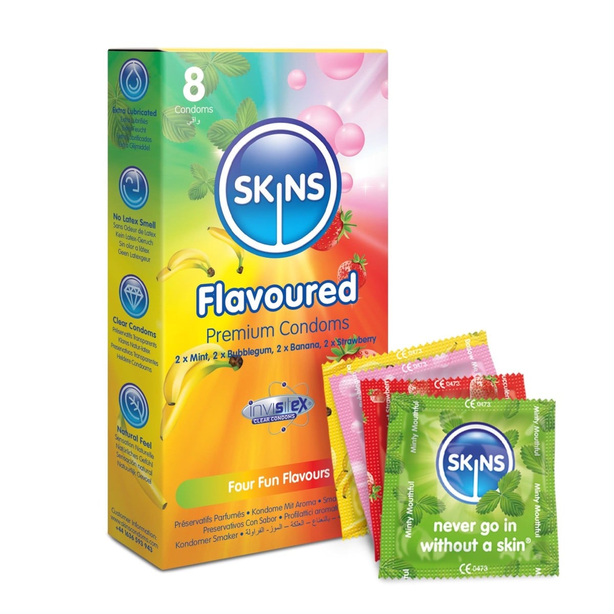 Skins Flavours 8 ks, ochucené latexové kondomy s nominální šířkou 55 mm