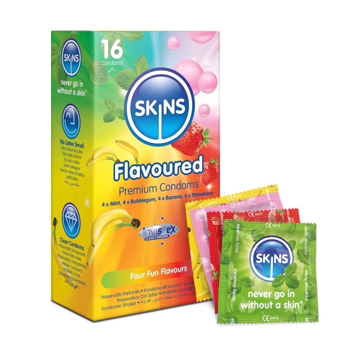Skins Flavours 16 ks, ochucené latexové kondomy s nominální šířkou 55 mm