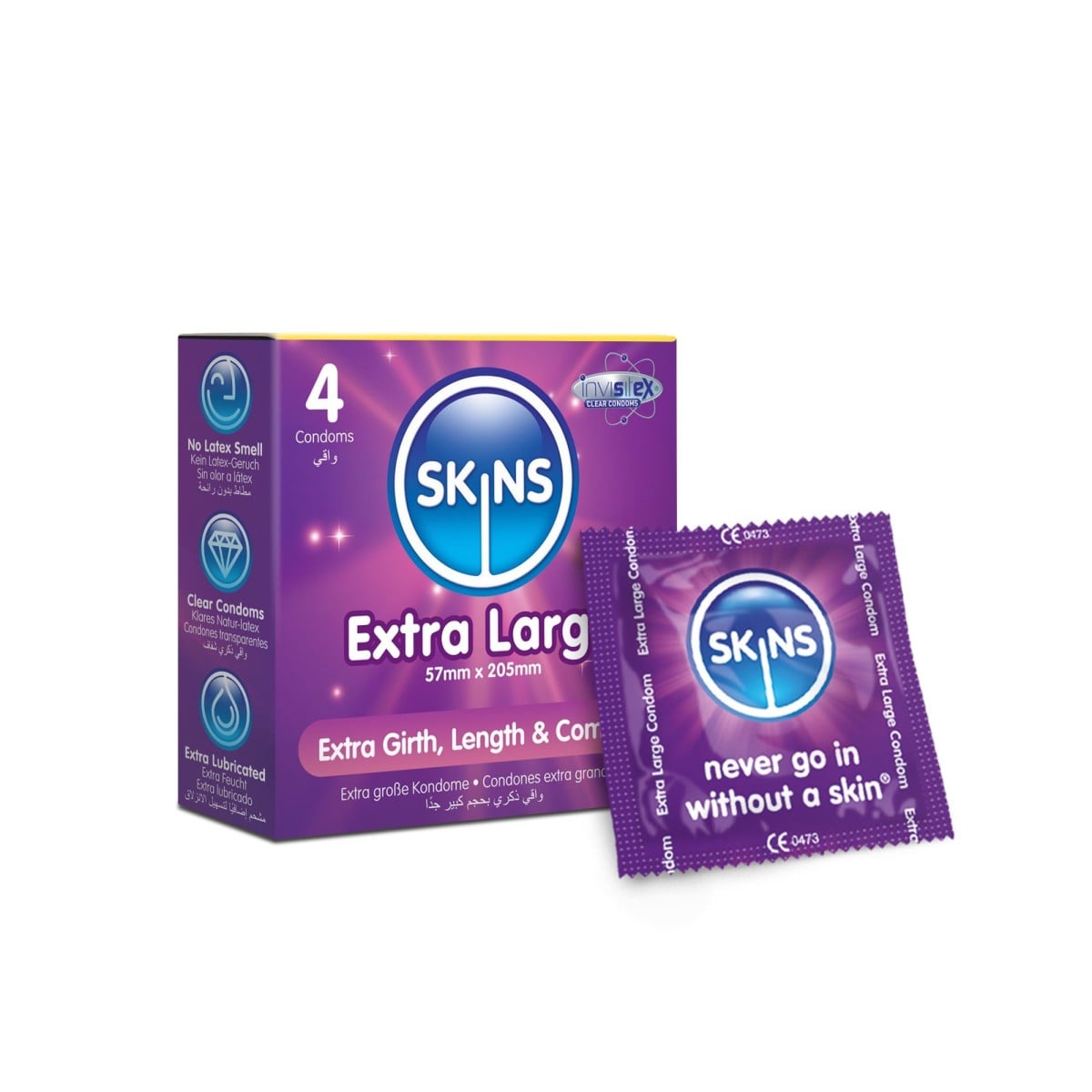 Skins Extra Large 4 ks, latexové kondomy s nominální šířkou 57 mm