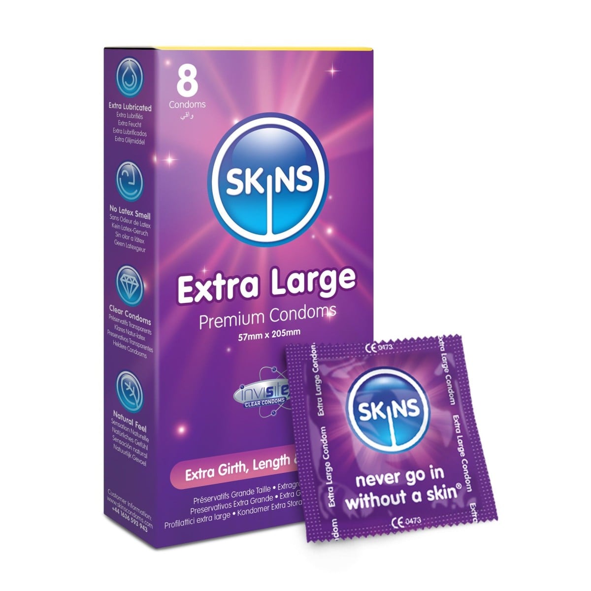 Skins Extra Large 8 ks, latexové kondomy s nominální šířkou 57 mm