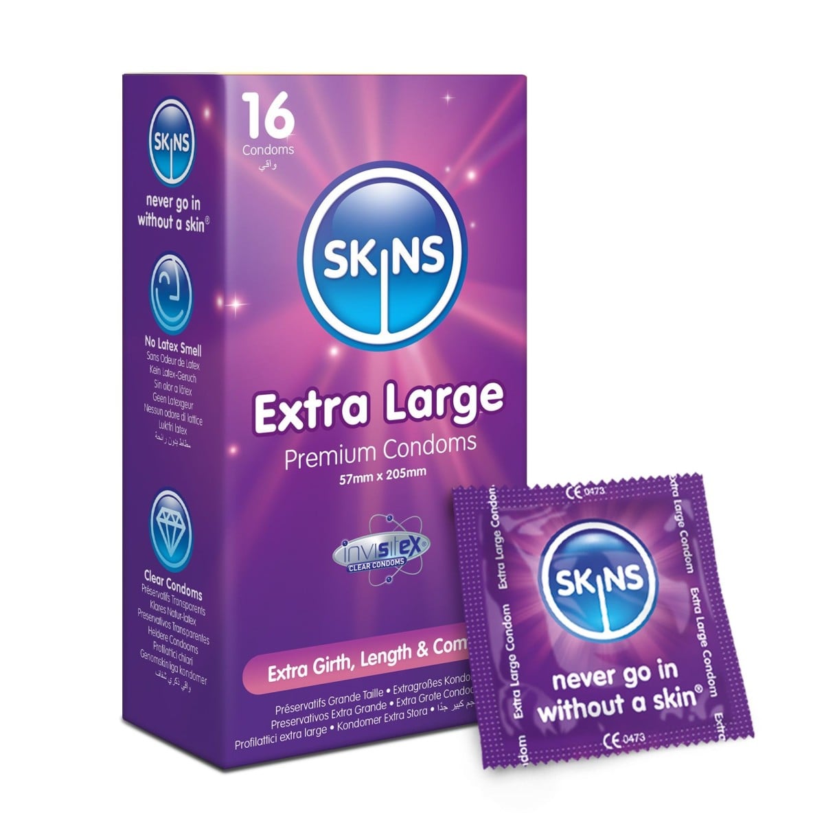 Skins Extra Large 16 ks, latexové kondomy s nominální šířkou 57 mm