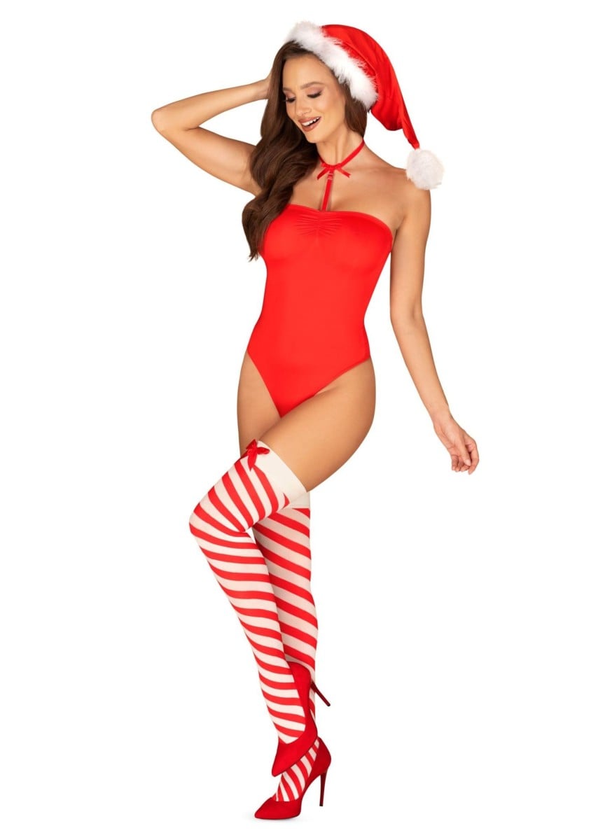 Erotický kostým Obsessive Kissmas Teddy S/M, body, choker, čepice a punčochy