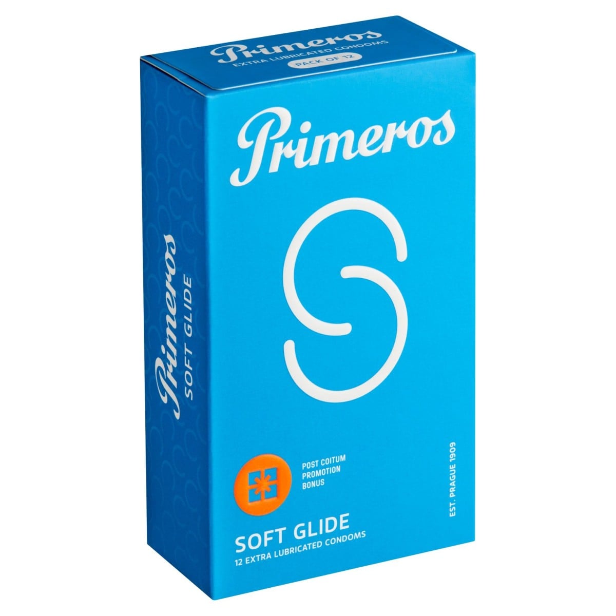 Primeros Soft Glide 12 ks, extra lubrikované a tenké latexové kondomy s nominální šířkou 53 mm