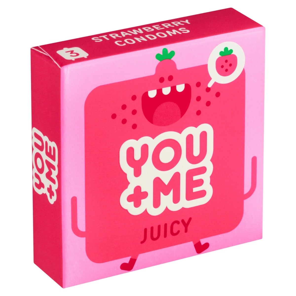 YOU+ME Juicy 3 ks, jahodové latexové kondomy s nominální šířkou 53 mm