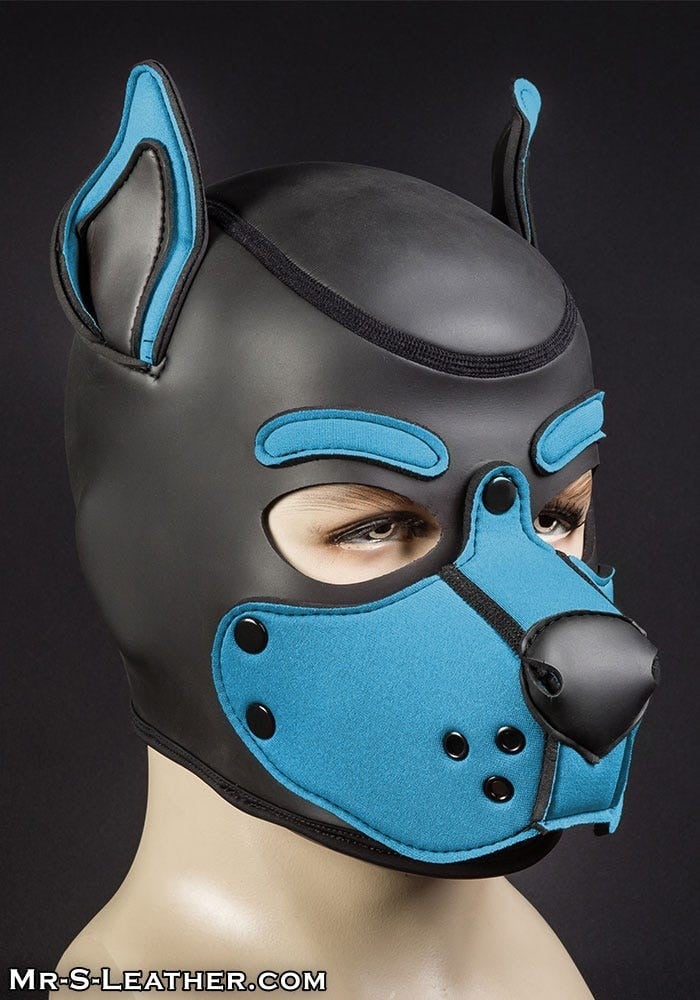 Psí maska Mr. S Leather Neoprene K9 Hood modrá (Aqua) Medium, neoprenová psí kukla pro puppy play