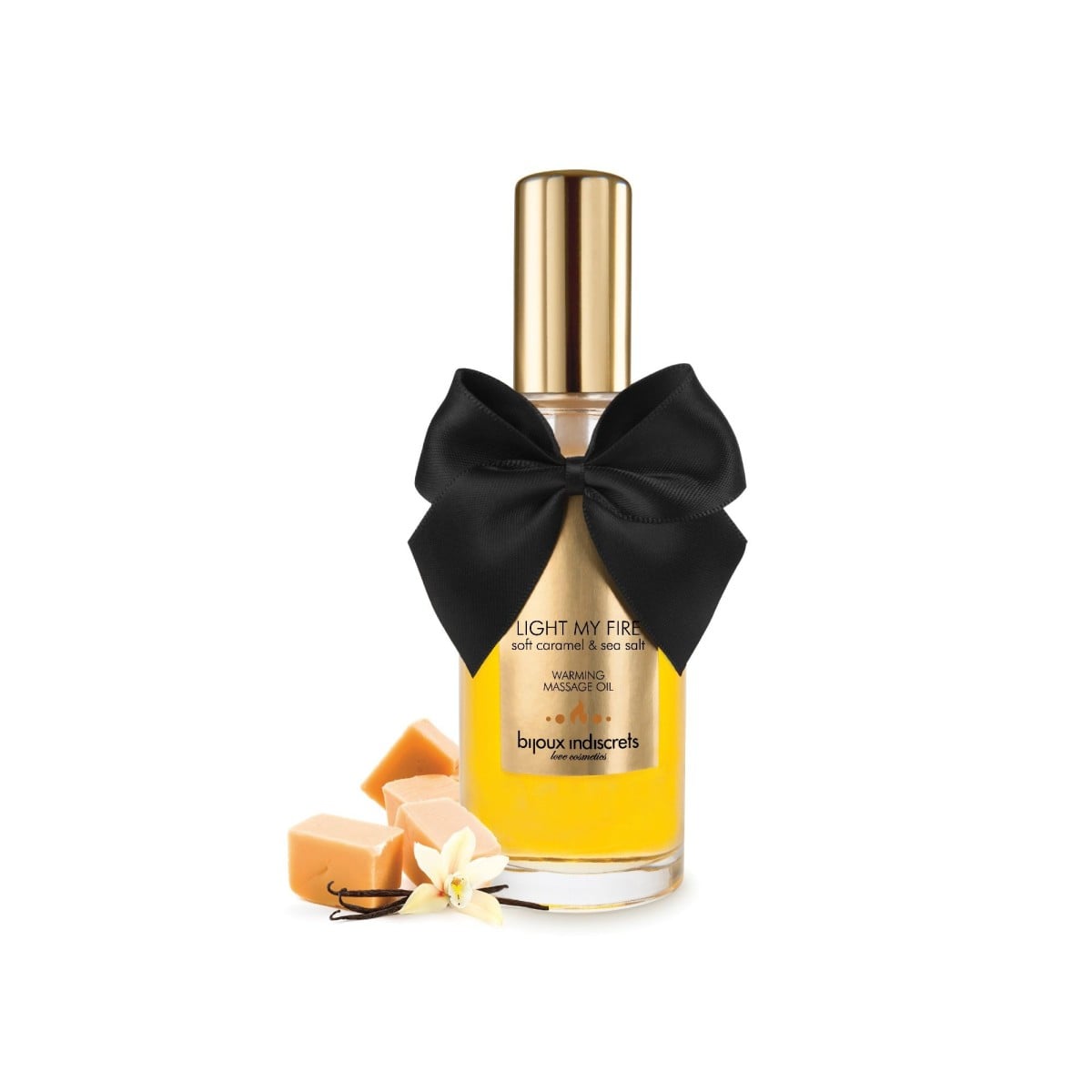 Bijoux Indiscrets Light My Fire Warming Massage Oil Soft Caramel & Sea Salt 100 ml, hřejivý masážní olej s příchutí slaného karamelu