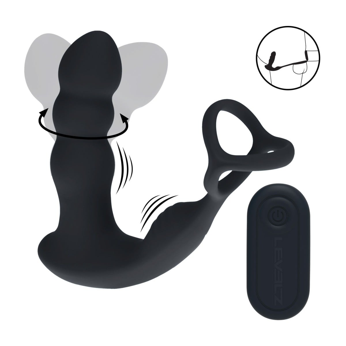 Levelz Dual Vibrating & Rotating Head Prostate Stimulator with Cock & Ball Ring, silikonový kolík s otočnou hlavou na dálkové ovládání 13,9 x 3,6 cm