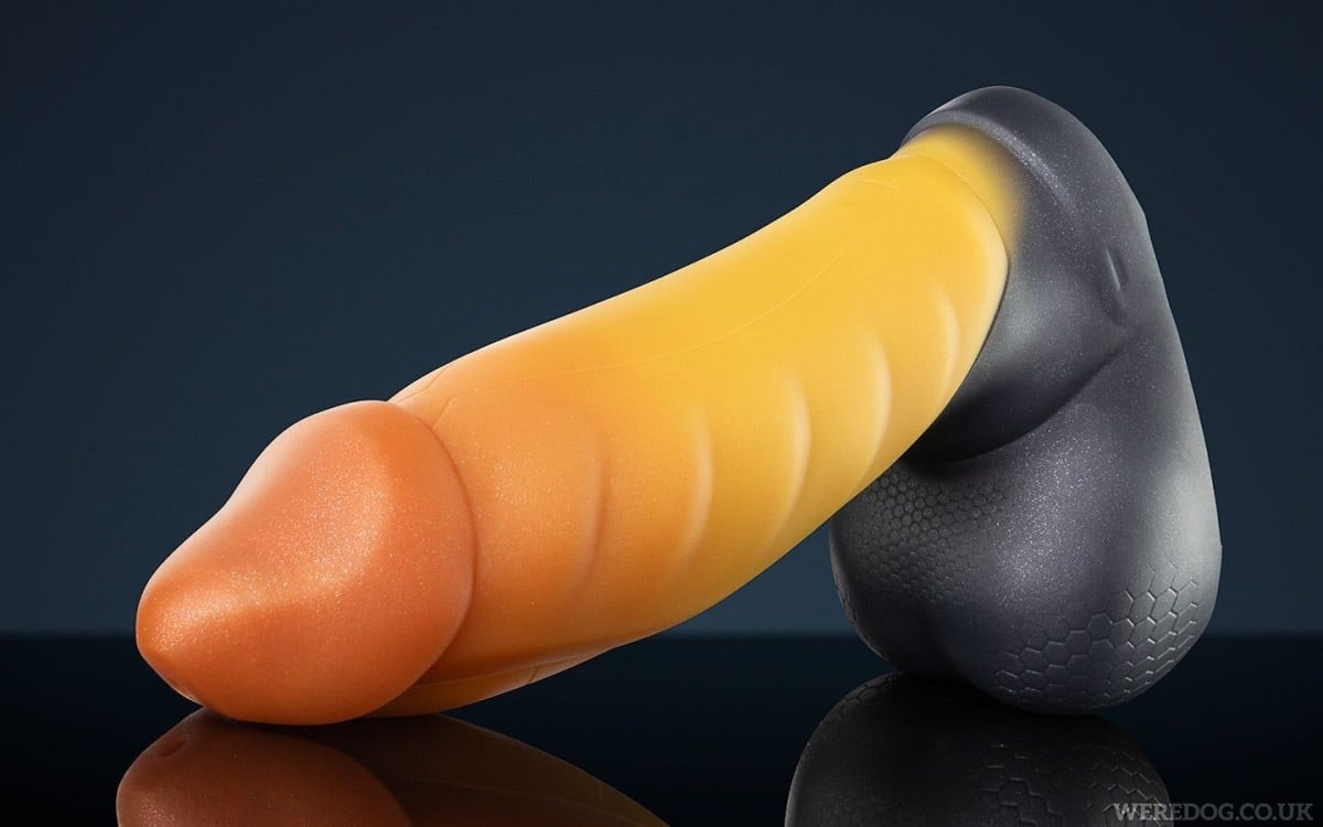Weredog Vertex Signature Wxtra Large, prémiové oranžovo-žluto-šedé silikonové dildo 28,5 x 7,6–8,6 cm