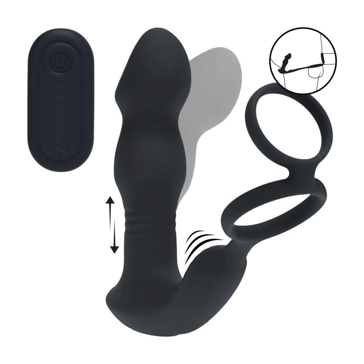 Levelz Remote Controlled Prostate Stimulator With Cock Ring, přirážecí stimulátor prostaty a hráze s pohyblivou špičkou na dálkové ovládání 16,1 x 3,9 cm