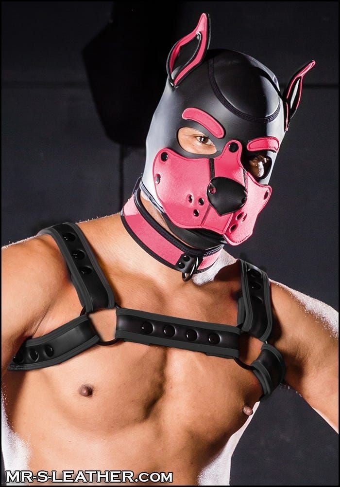 Psí maska Mr. S Leather Neoprene K9 Hood růžová Small, neoprenová psí kukla pro puppy play