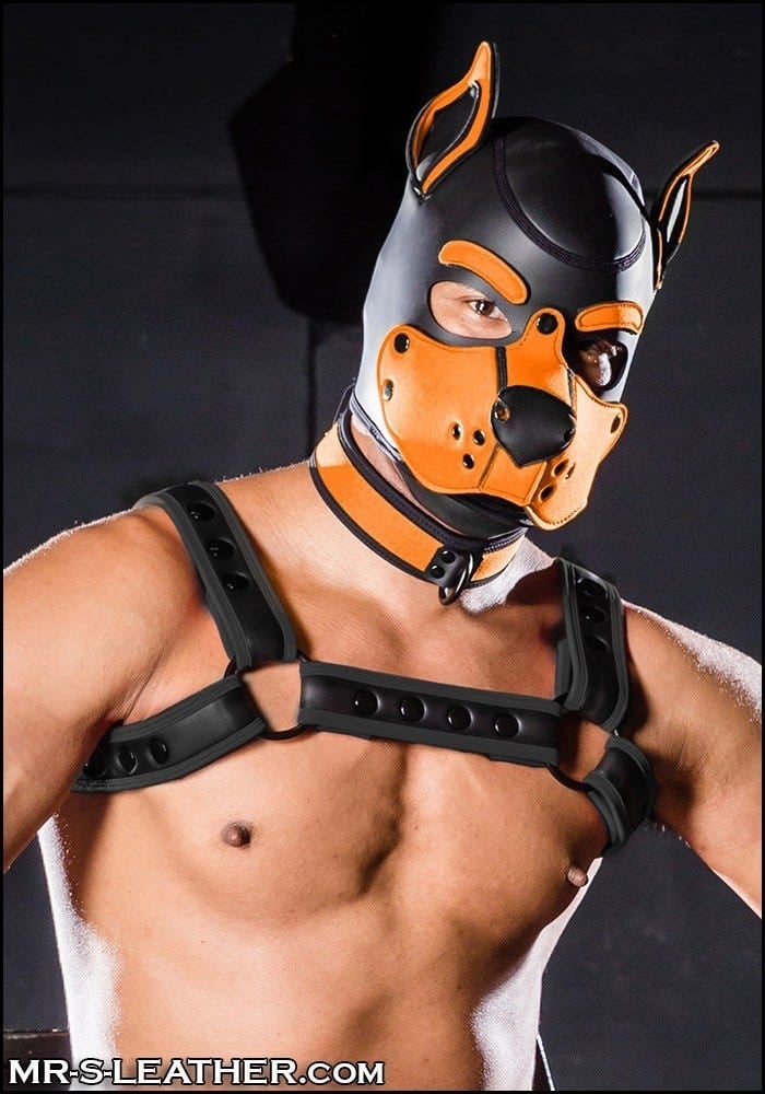 Psí maska Mr. S Leather Neoprene K9 Hood oranžová Small, neoprenová psí kukla pro puppy play