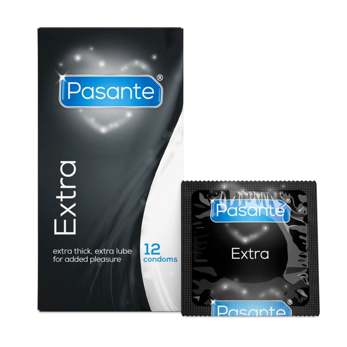 Pasante Extra Condoms 12 Pack, extra silné kondomy s extra lubrikací a nominální šířkou 52 mm