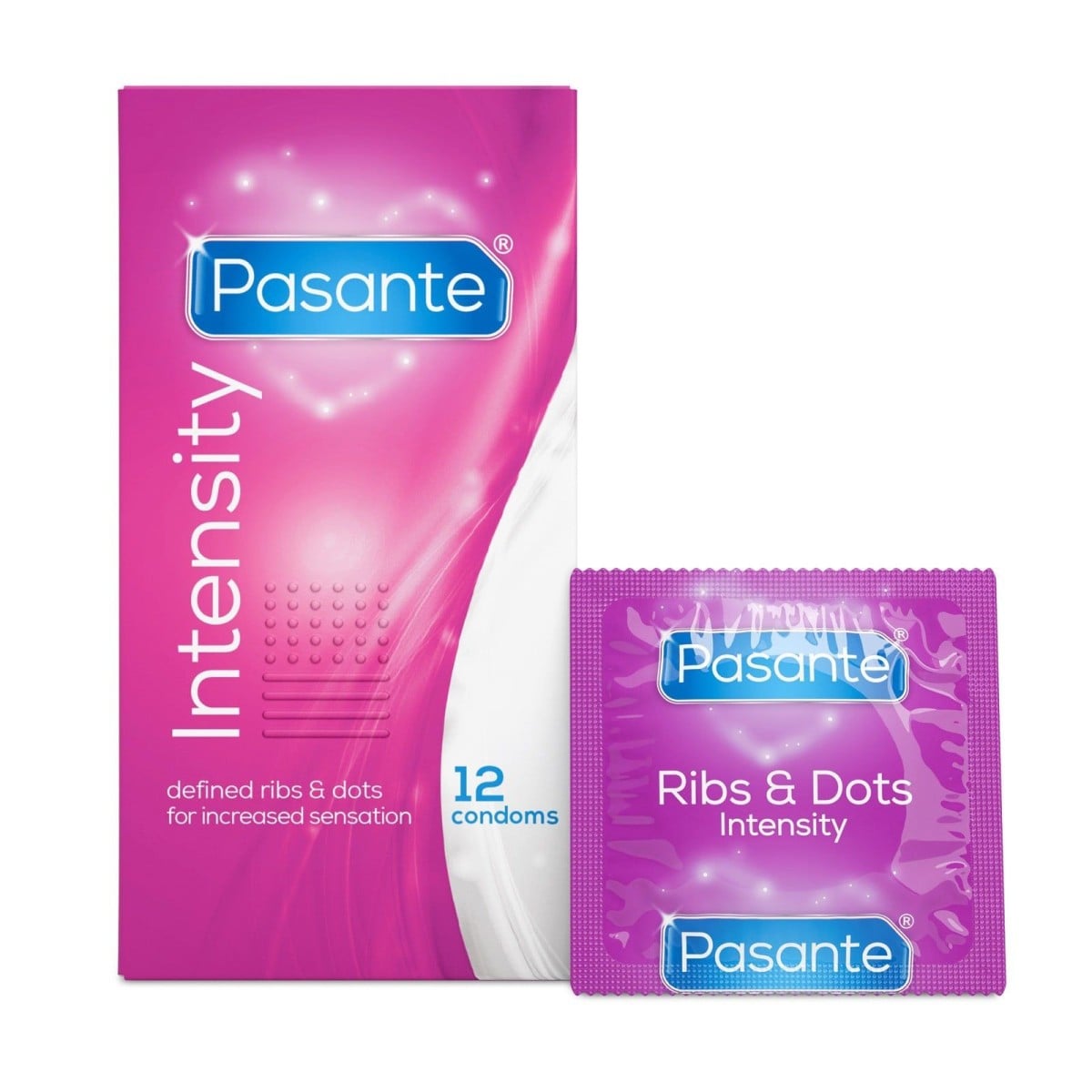 Pasante Intensity Condoms 12 Pack, žebrované a vroubkované kondomy s nominální šířkou 52 mm
