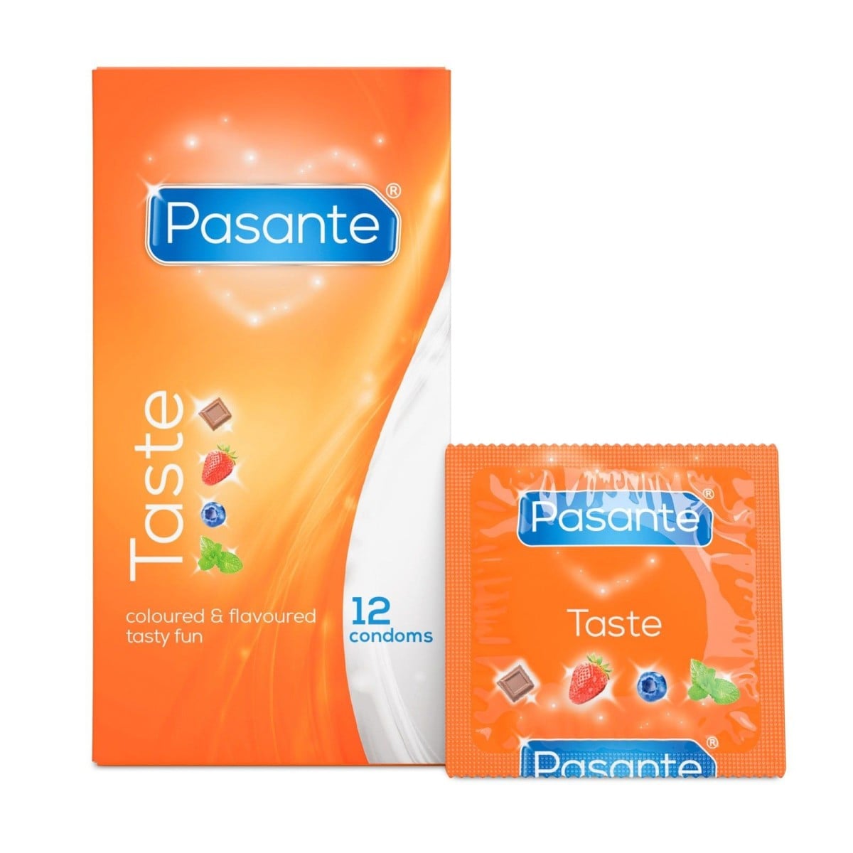 Pasante Taste Condoms 12 Pack, ochucené a barevné kondomy se 4 příchutěmi a nominální šířkou 53 mm