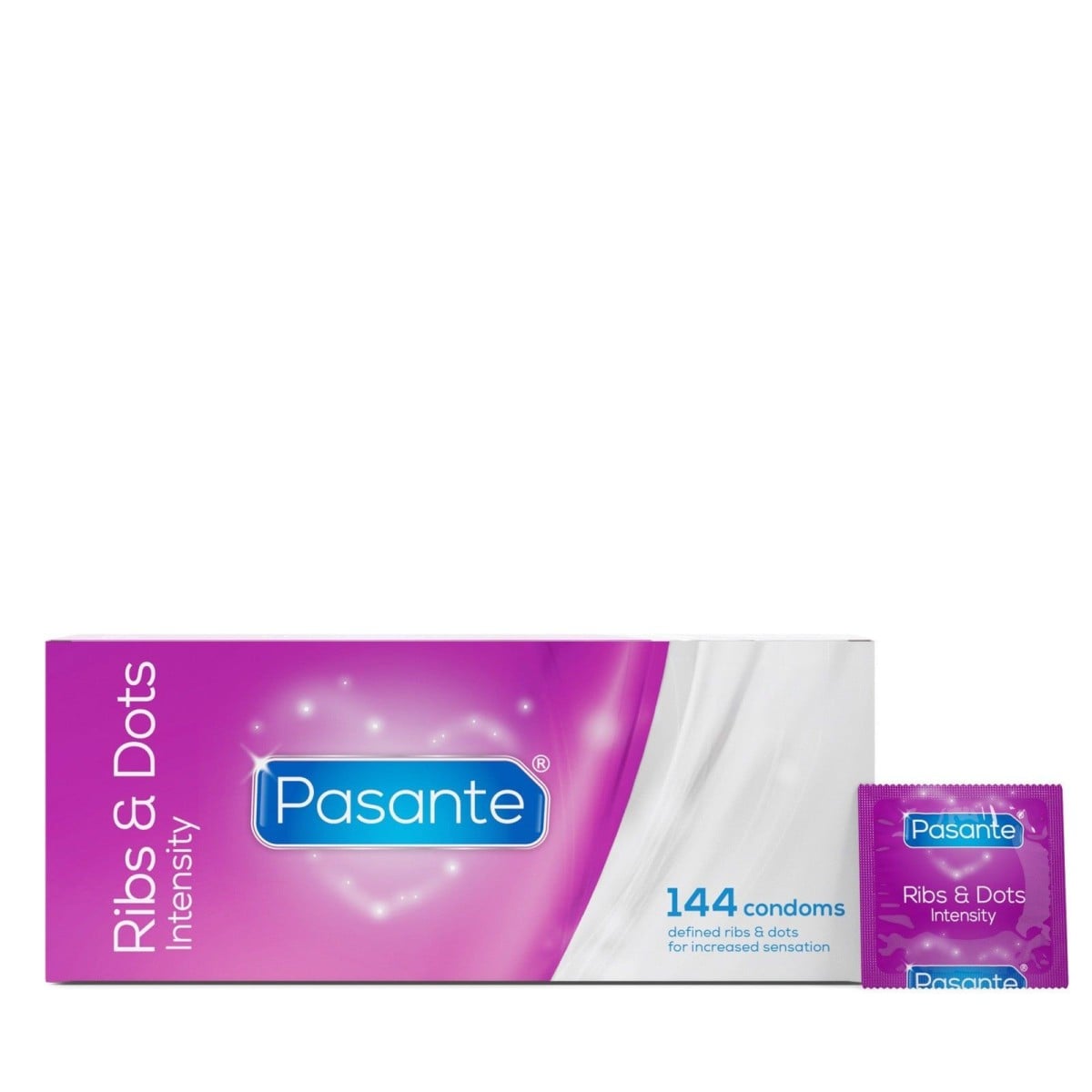 Pasante Intensity Condoms 144 Pack, žebrované a vroubkované kondomy s nominální šířkou 52 mm
