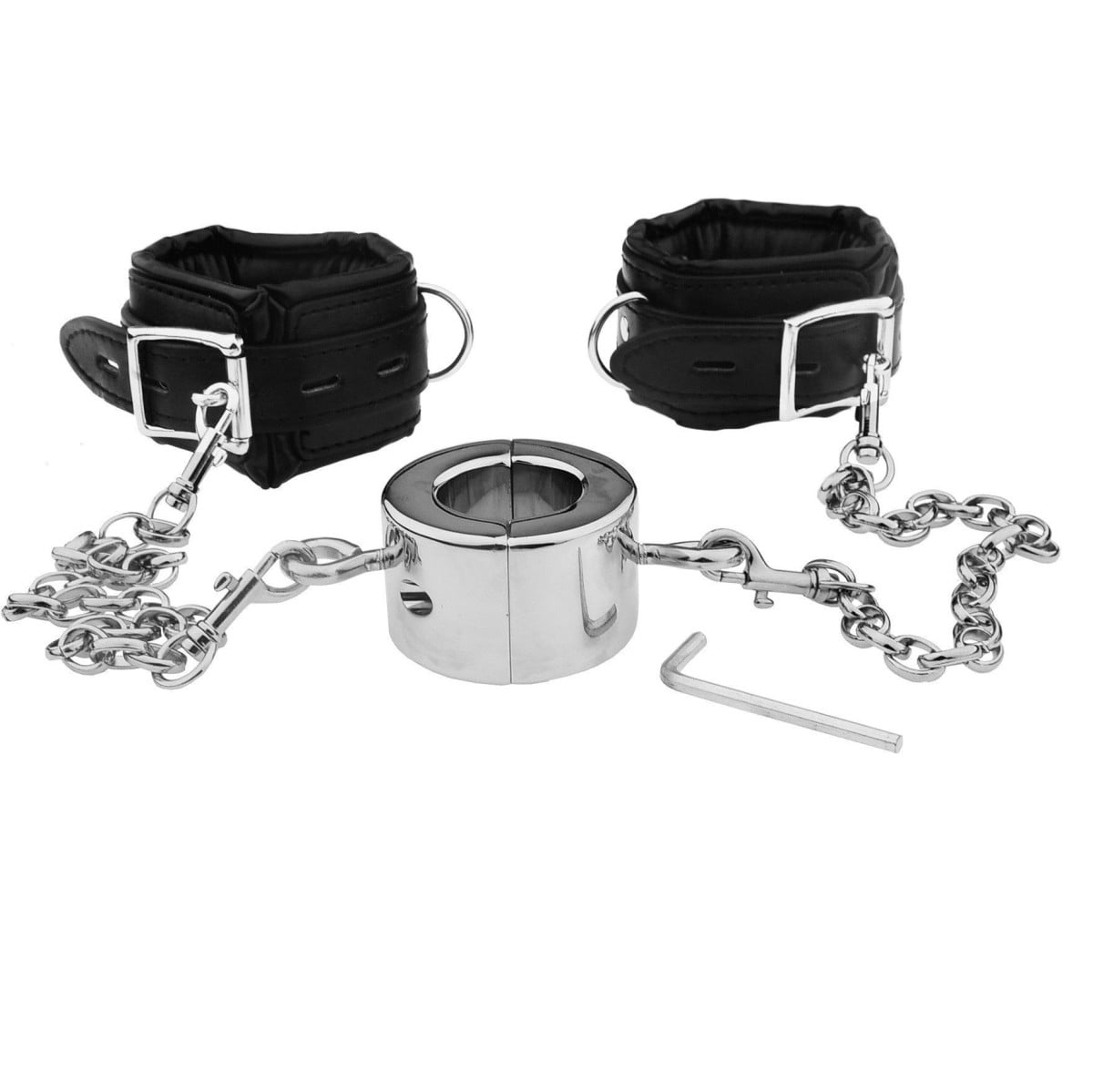 BDSMaster Cuffs & Ballstretcher Wriscock L, sada polstrovaných pout na zápěstí a natahovače varlat
