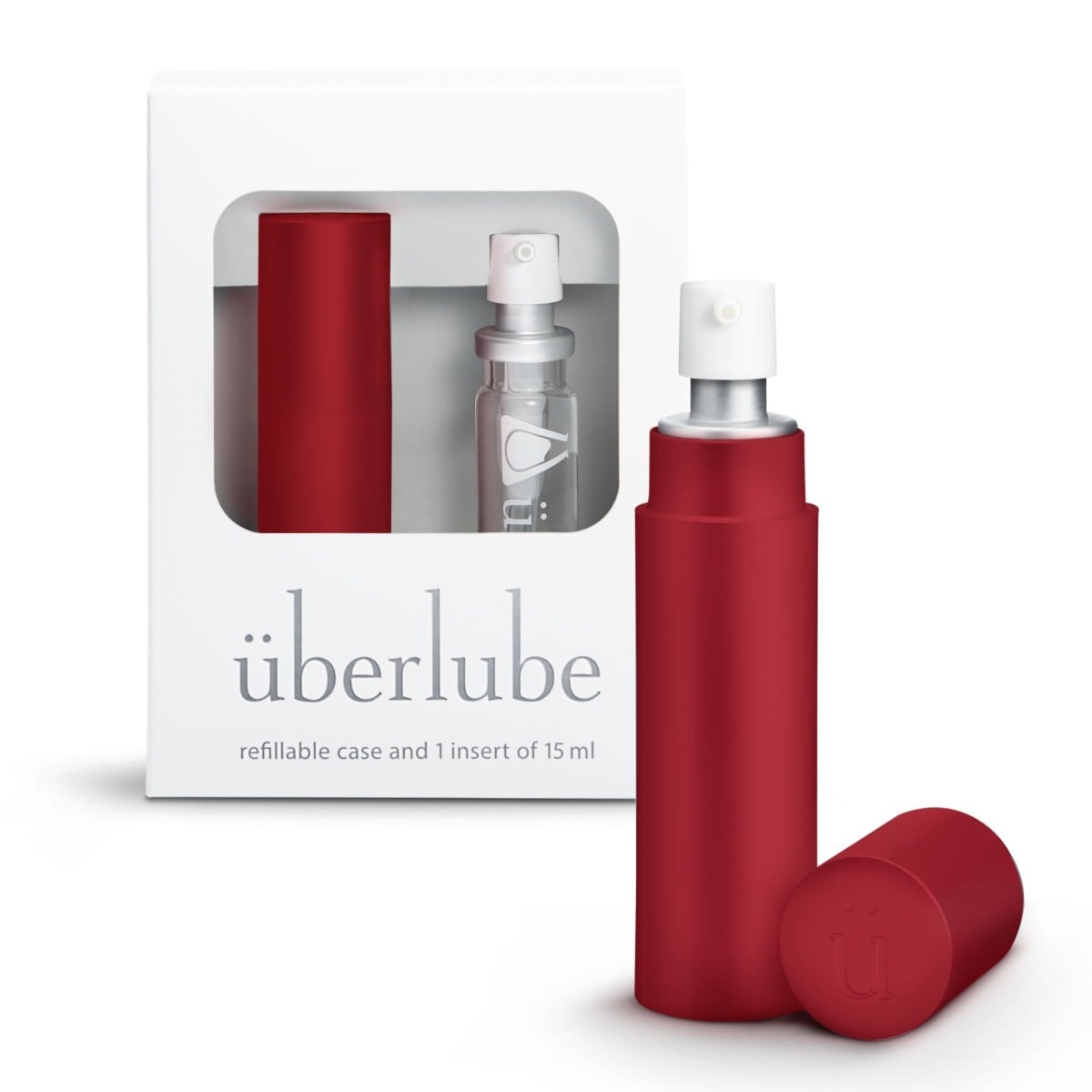 Überlube Good-to-Go Traveler Red, červené plnitelné pouzdro a 1 náplň o objemu 15 ml