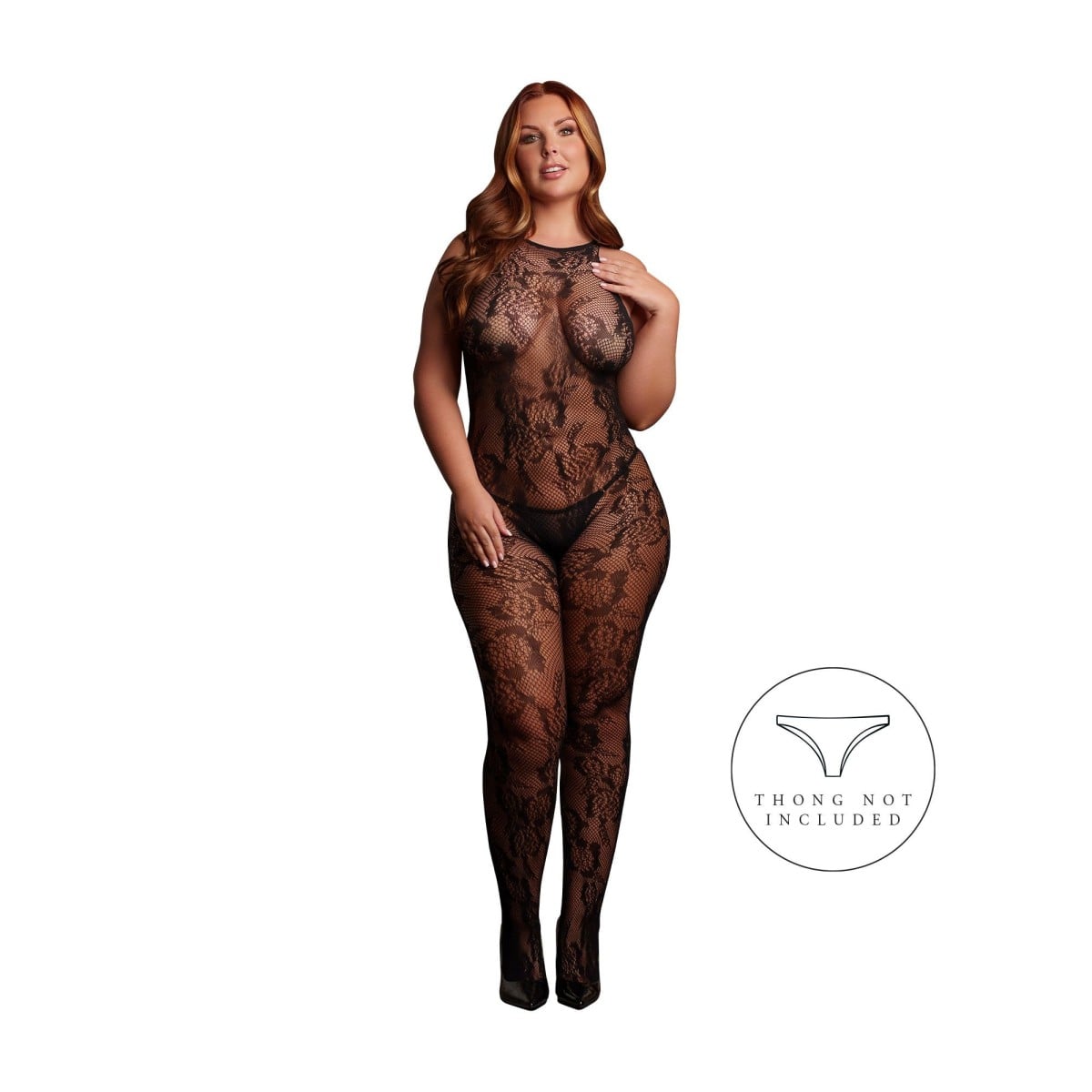 Shots Le Désir Matilda Lace Bodystocking XL–5XL, černý erotický catsuit s otevřeným rozkrokem