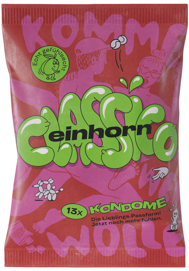 Einhorn Condoms: CLASSICO, 13 vegan condoms in the chips bag