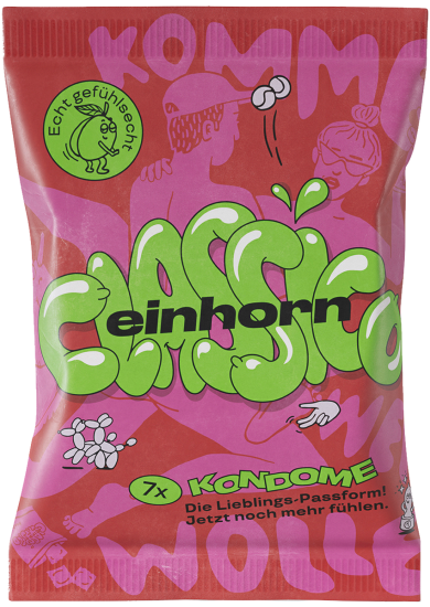 Einhorn Condoms: CLASSICO, 7 vegan condoms in the chips bag