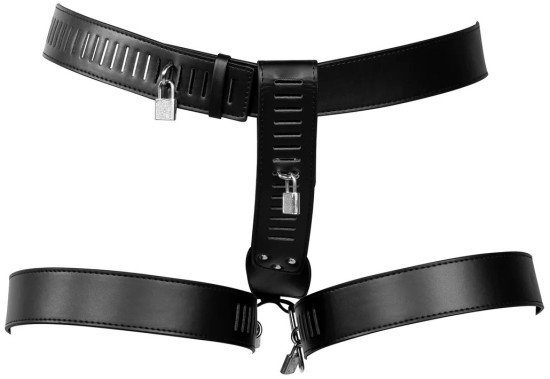 Ouch! PU Leather Female Chastity Belt with Leg Restraint Black