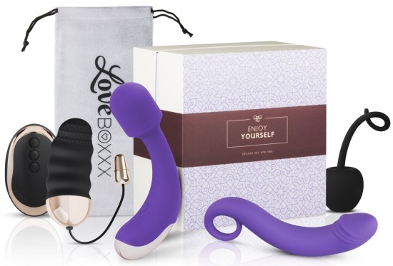 LoveBoxxx Solo Box dildo 17,5 cm + vibrátor 17 cm + vibrační vajíčko 8,2 cm + venušiny kuličky 10,5 cm