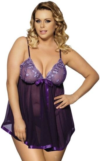 Sexy Elephant Sexy Rhinestone Red Lace Plus Size See-through Nightdress, XXXL - fialová