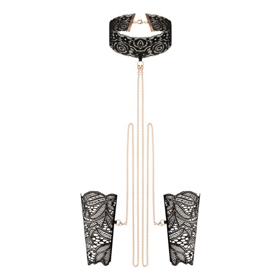 Rosy Gold Lace Cuffs and Collar Black, obojek s náramky