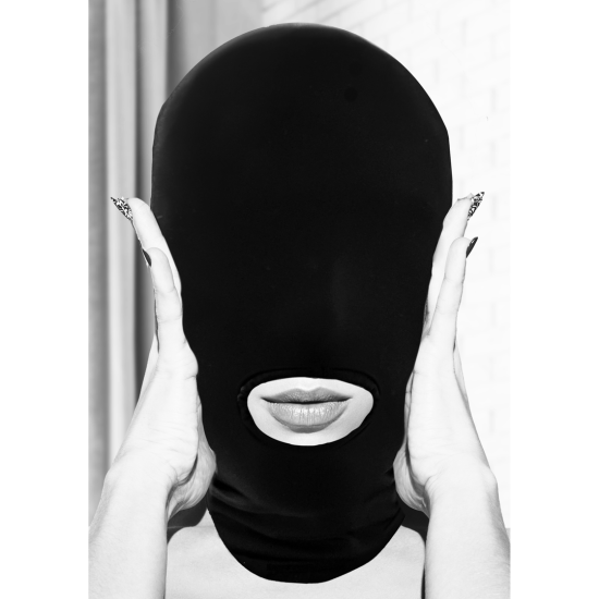 Shots Ouch! Black & White Submission Mask with Open Mouth černá spandexová kukla