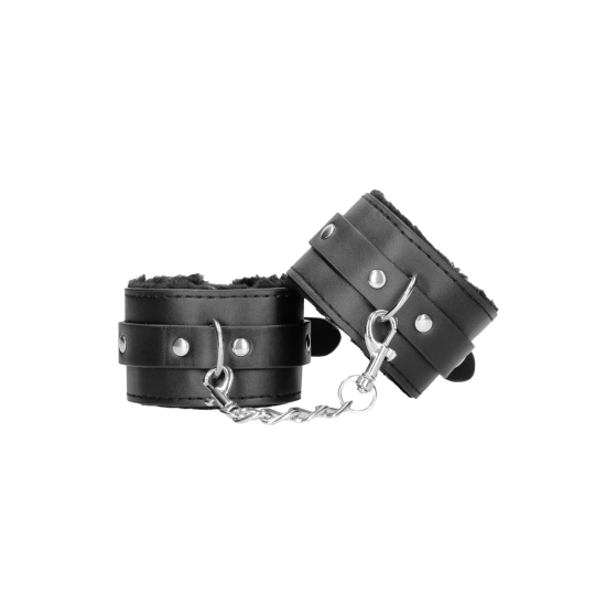 Shots Ouch! Black & White Plush Bonded Leather Wrist Cuffs pouta na ruce s plyšovým polstrováním