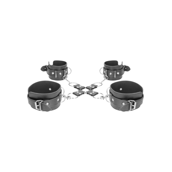Shots Ouch! Black & White Bonded Leather Hogtie, pouta na ruce a nohy a kříž pro bondage