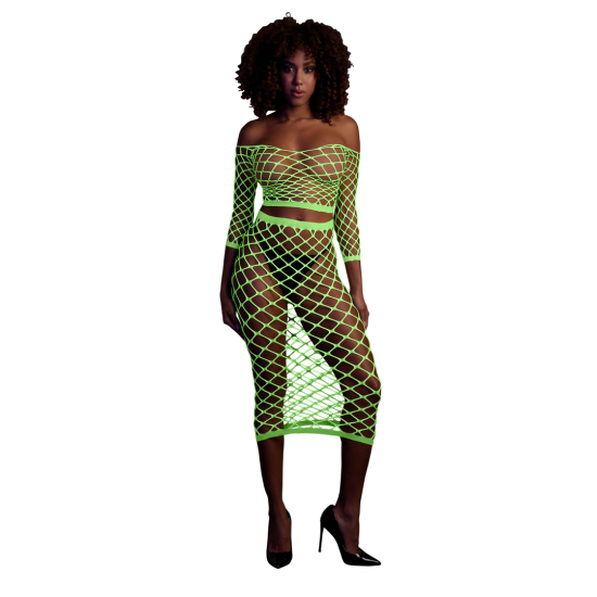 Ouch! Glow in the Dark Long Sleeve Crop Top and Long Skirt Neon Green