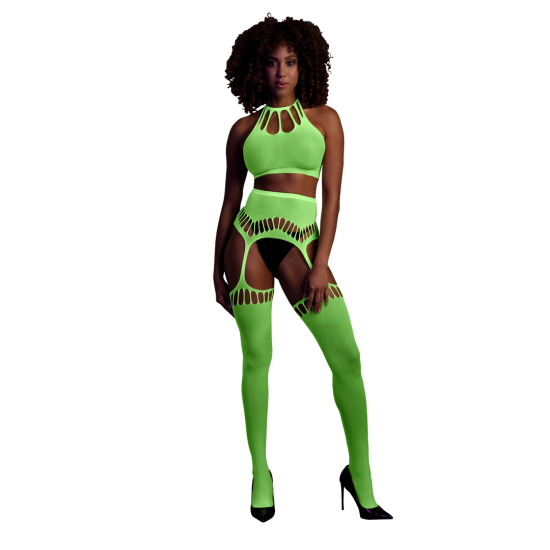 Ouch! by Shots Two Piece with Crop Top and Stockings - One Size - Neon Green