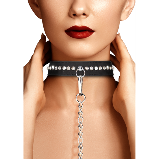 Ouch! Diamond Studded Collar with Leash Black