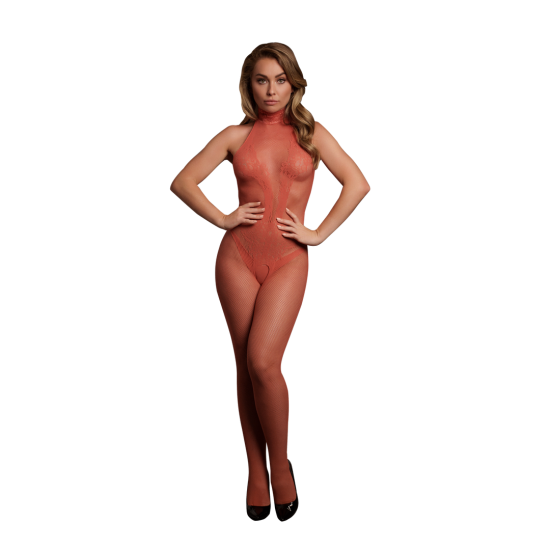 LE DÉSIR Fishnet and Lace Bodystocking - One Size, Red