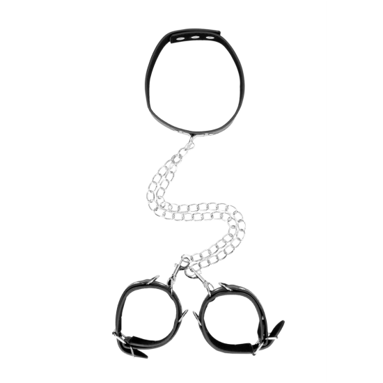 Shots Ouch! Black & White Bonded Leather Collar černý obojek a pouta z lepené kůže