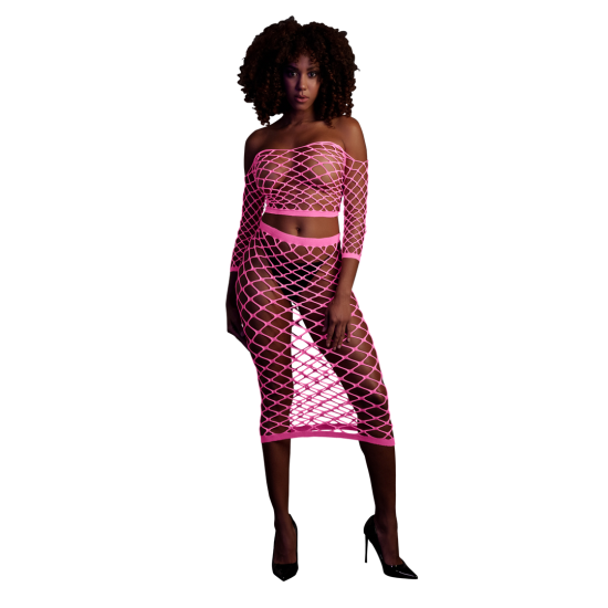Ouch! Glow in the Dark Long Sleeve Crop Top and Long Skirt Neon Pink
