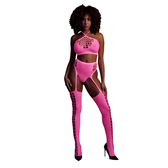 OUCH! Two Piece with Crop Top and Stockings - One Size - Neon Pink