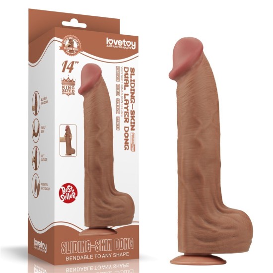 LoveToy King Sized Sliding Skin Dual Layer Dong 14" Flesh Brown